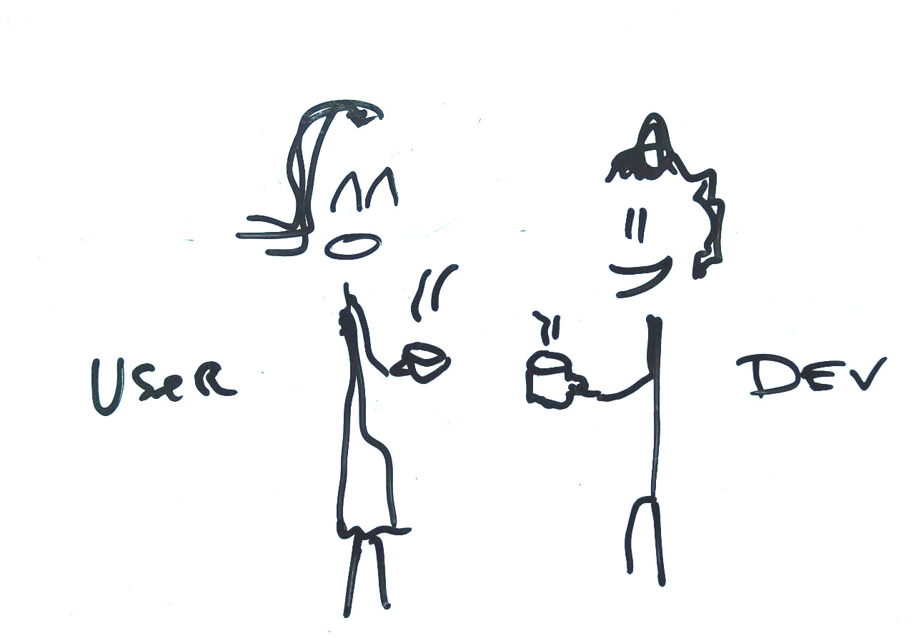 Drawing of a developper talking with an user at the coffee machine