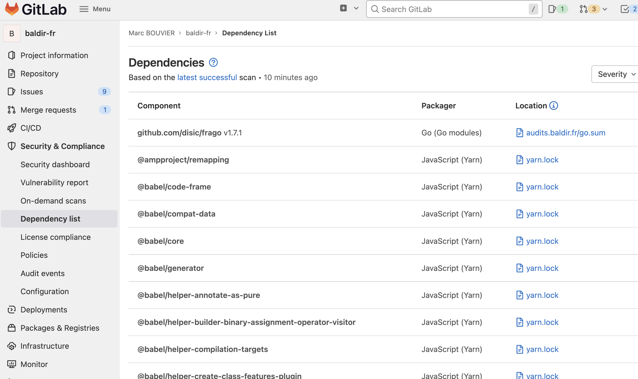 Screenshot of Gitlab dependencies list. Among the list some go mudules and a lot of javascript dependencies
