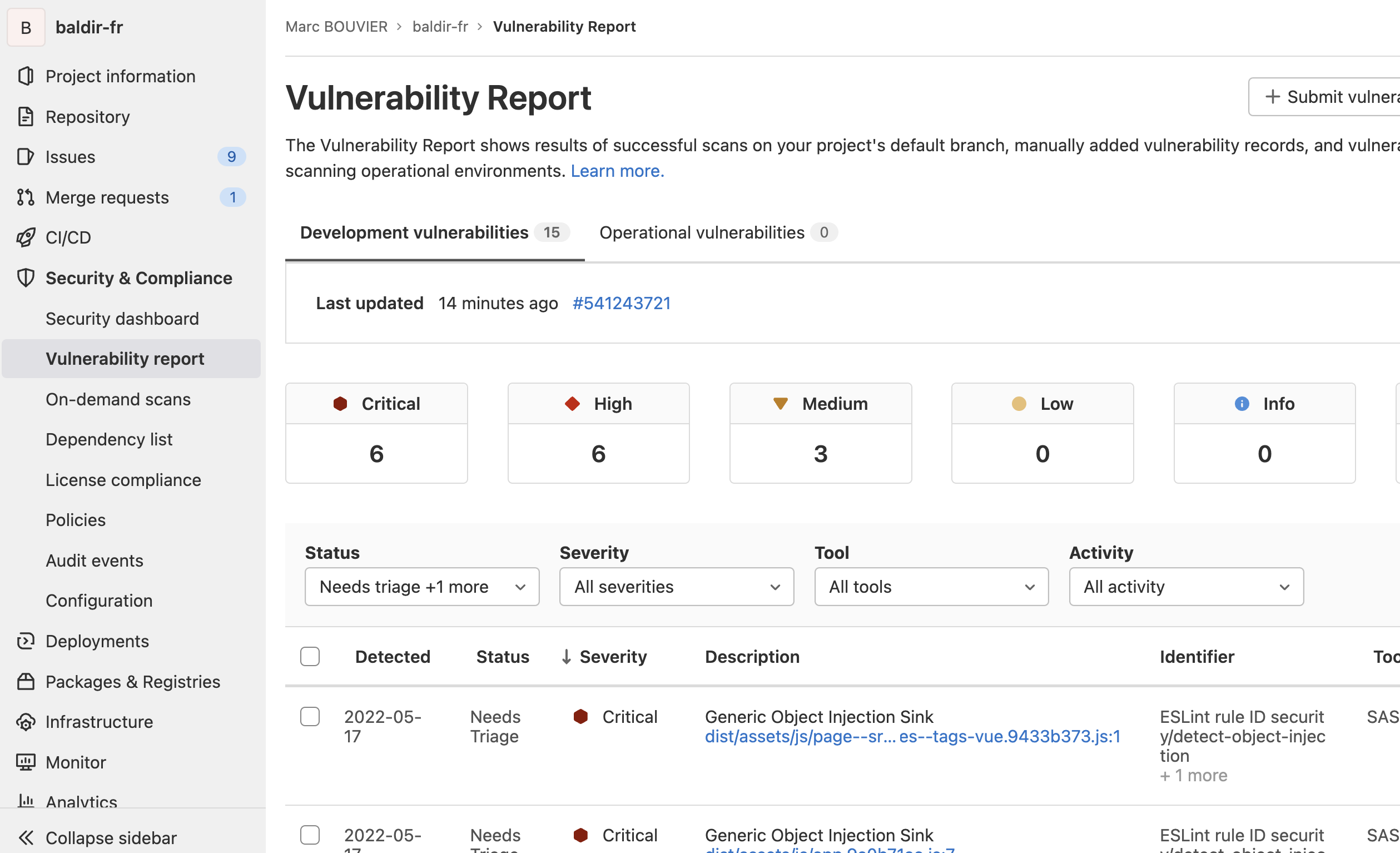 Screenshot of Gitlab vulnerability report. 6 critical$$