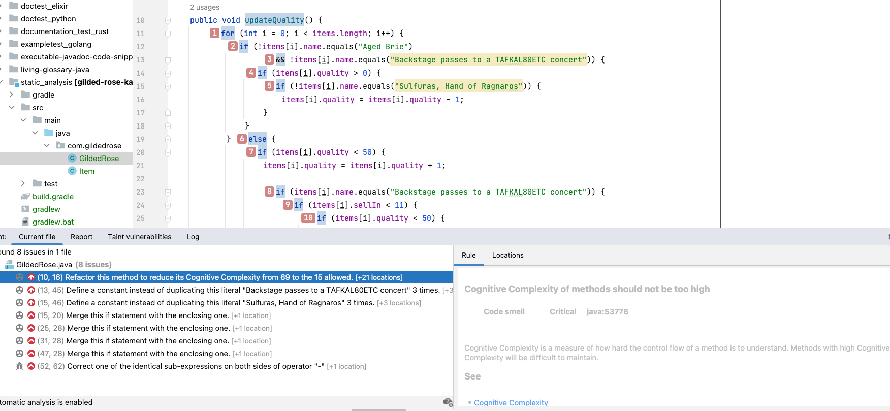 Screen capture of Sonarlint plugin in IDE IntelliJ Idea showing code issues both in sonarlint report panel and embedded in code