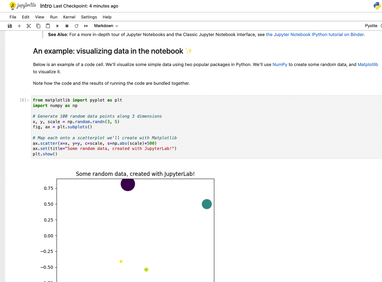 Screenshot of an Jupyter Notebook mixing markdown sections, python code and data vizualisation